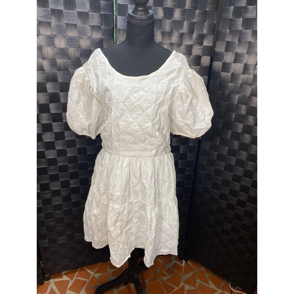 Tiered Mini Dress Large White Puff Sleeve Open Back Beach‎ Bridal Honeymoon